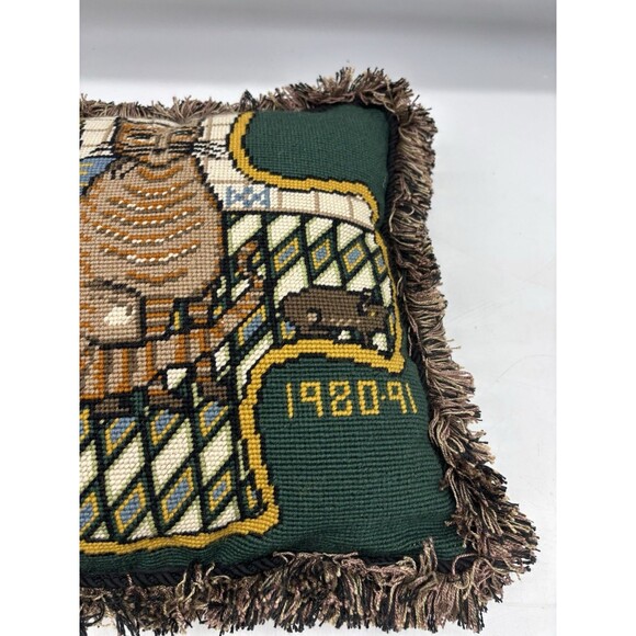 Vtg Needlepoint Tapestry Cat Throw Pillow 15”X 15”Home Decor W/ Fringe Handmade - Picture 4 of 6